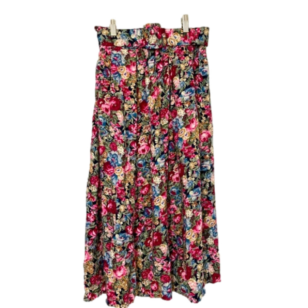 Vintage FUNCTIONALS PINK/BLUE FLORAL SKIRT WITH MATCHING BELT - Size Small